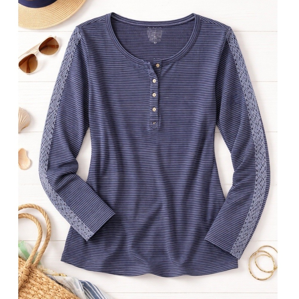 Sonoma Goods for Life Womens Navy Blue Striped Crochet‎ Sleeve Henley Top Large